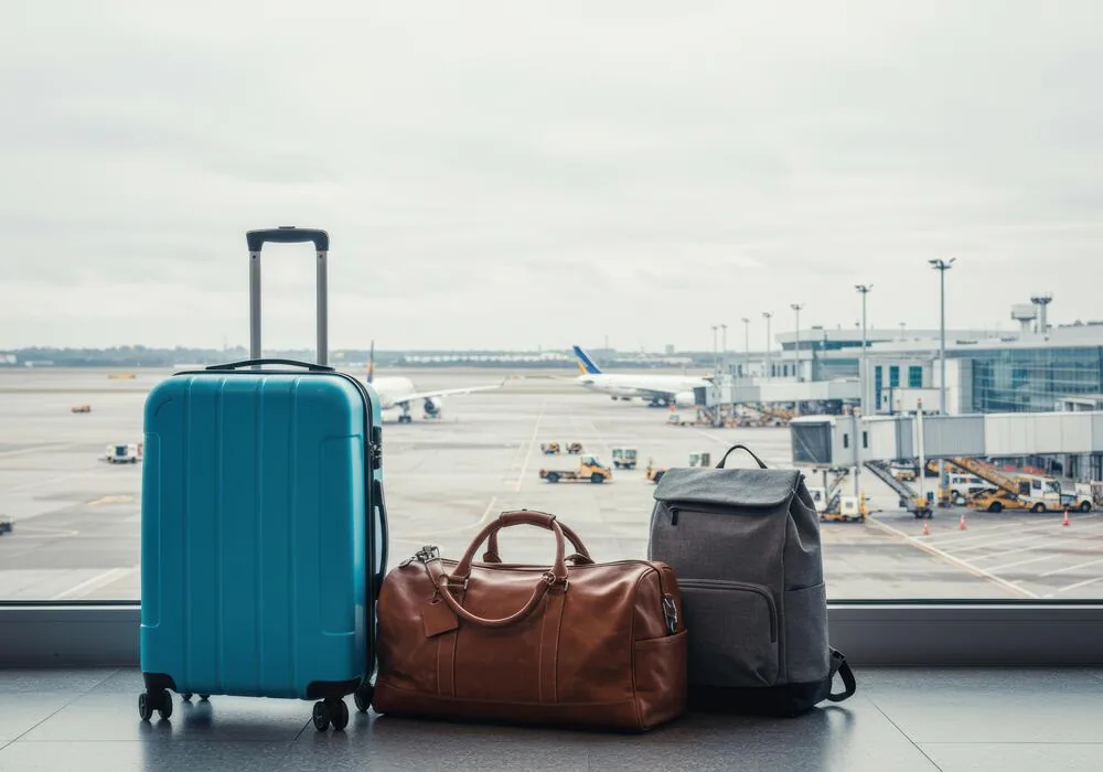 Mala de rodinhas, bolsa de viagem e mochila alinhadas diante da vidraça do terminal, com aeronaves no pátio ao fundo