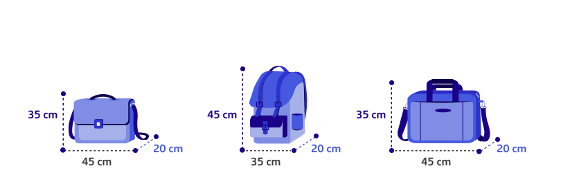 Três formatos dentro do limite de 45 x 35 x 20 cm: bolsa de mão, mochila e bolsa de viagem pequena