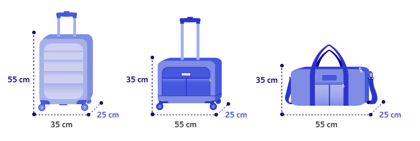 Três formatos dentro do limite de 55 x 35 x 25 cm: mala rígida vertical, mala de rodinhas menor e bolsa de viagem