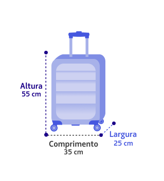 Diagrama de mala de bordo com as cotas de 55 cm de altura, 35 cm de comprimento e 25 cm de largura