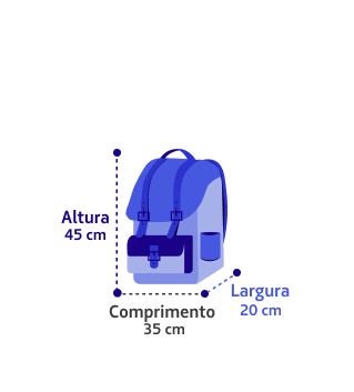 Diagrama de mochila com as cotas de 45 cm de altura, 35 cm de comprimento e 20 cm de largura
