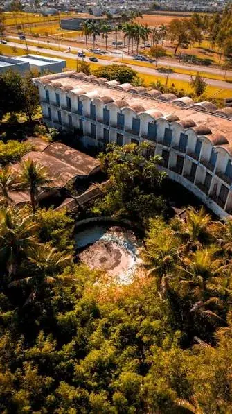 Vista aérea da piscina do Dourados Park Hotel tomada pela vegetação