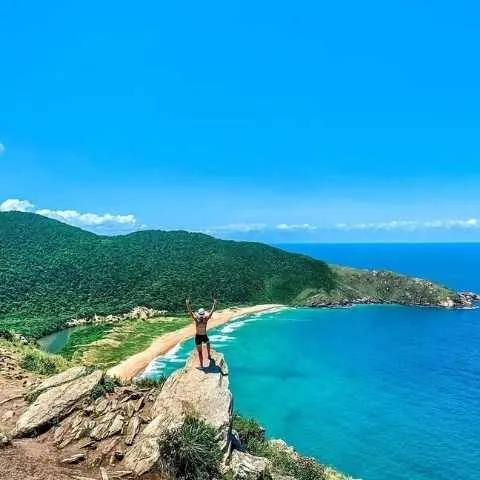 Mirante com vista para praia de água azul e mata em volta