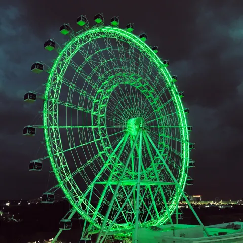 Roda-gigante iluminada de verde à noite
